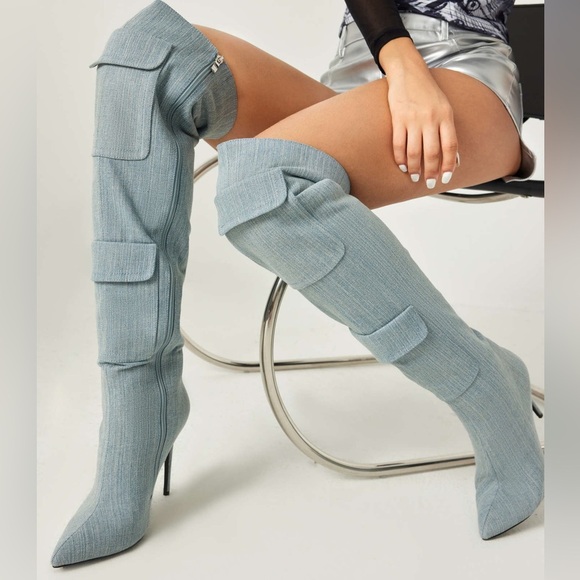 NWT Cider Thigh High Denim Pocket Boots Size EU 37 US 6.5-7 - Picture 1 of 14